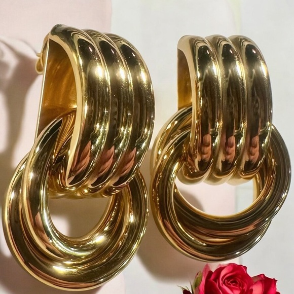 NEW Yellow Gold-Plated Stainless Steel Knotted & Looped Drop Earrings Celeb Fav - Picture 3 of 13